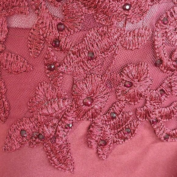 Blondie Nites Elegent cherry Red Satin/embrodery V Neck Evening Gown sz 15 Fairy - Picture 10 of 17